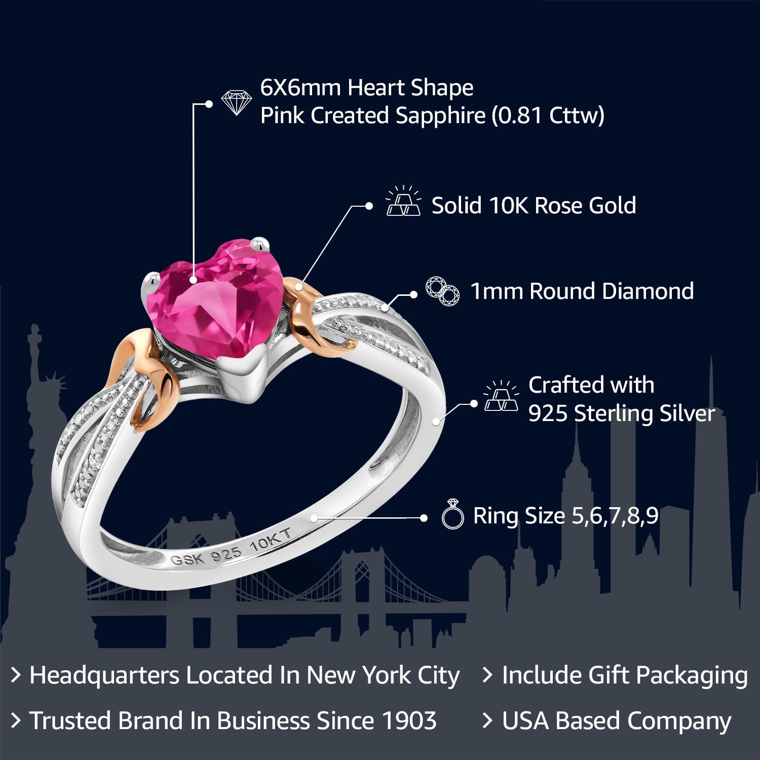 Gem Stone King 925 Sterling Silver and 10K Rose Gold Pink Created Sapphire and Diamond Ring for Women (0.81 Cttw, Heart Shape 6MM, Available in Size 5, 6, 7, 8, 9)