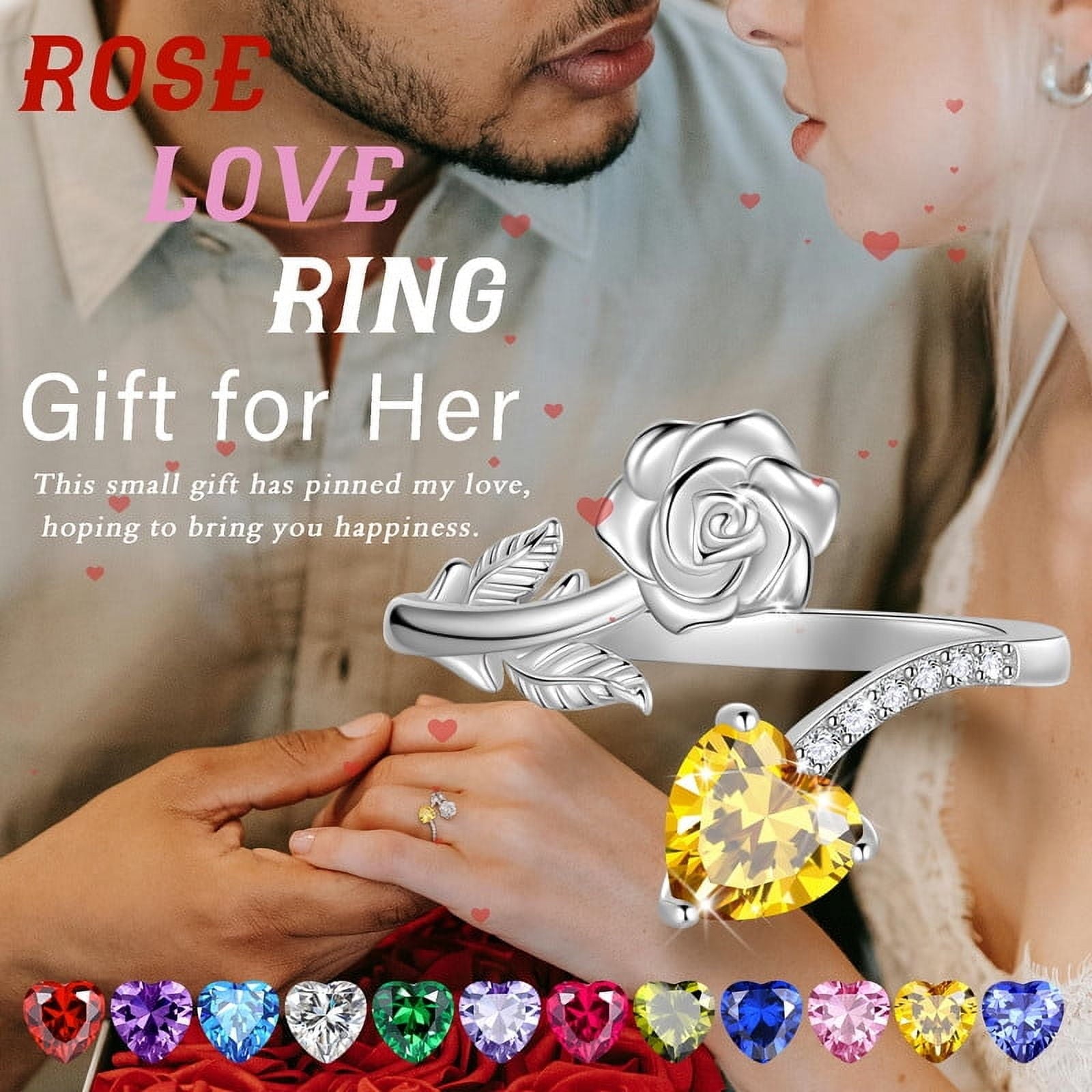 Beautlace Rose Heart Birthstone Ring,925 Sterling Silver Adjustable Open Heart Rings Jewelry Gifts for Women Mom -December