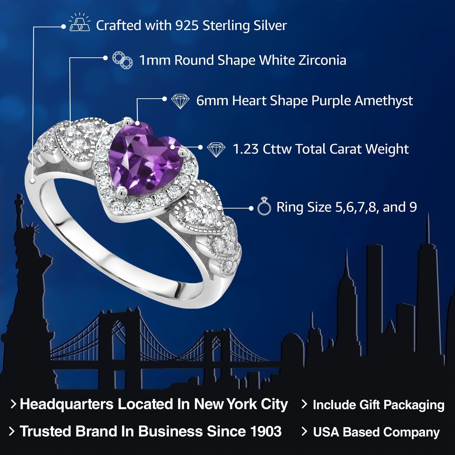 Gem Stone King 925 Sterling Silver Purple Amethyst Women Ring (1.23 Cttw, Heart Shape 6MM, Gemstone Birthstone, Available in Size 5, 6, 7, 8, 9)