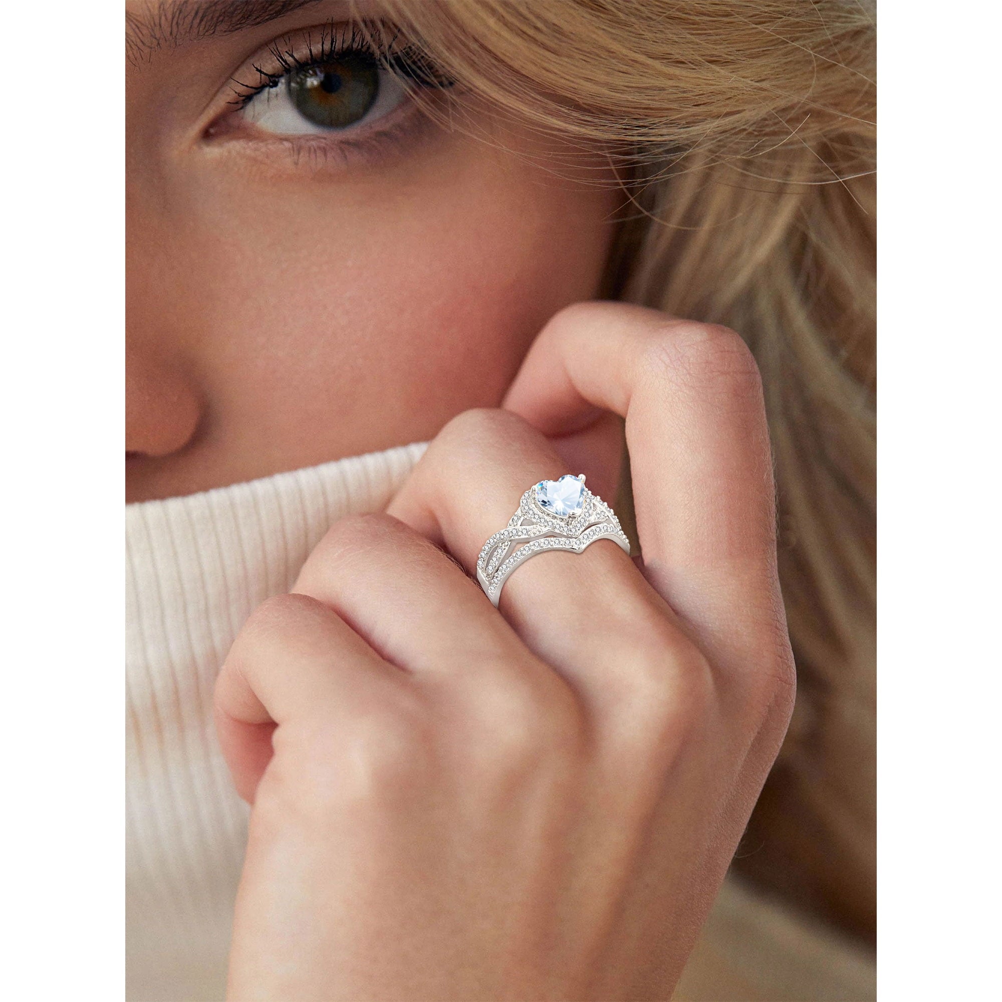 APSVO 18K White Gold Plated Love Heart Wedding Rings for Women CZ S925 Sterling Silver Eternity Promise Band Engagement Rings Set Birthday Christmas Jewelry Gifts Mom Girlfriend Stocking Stuffers