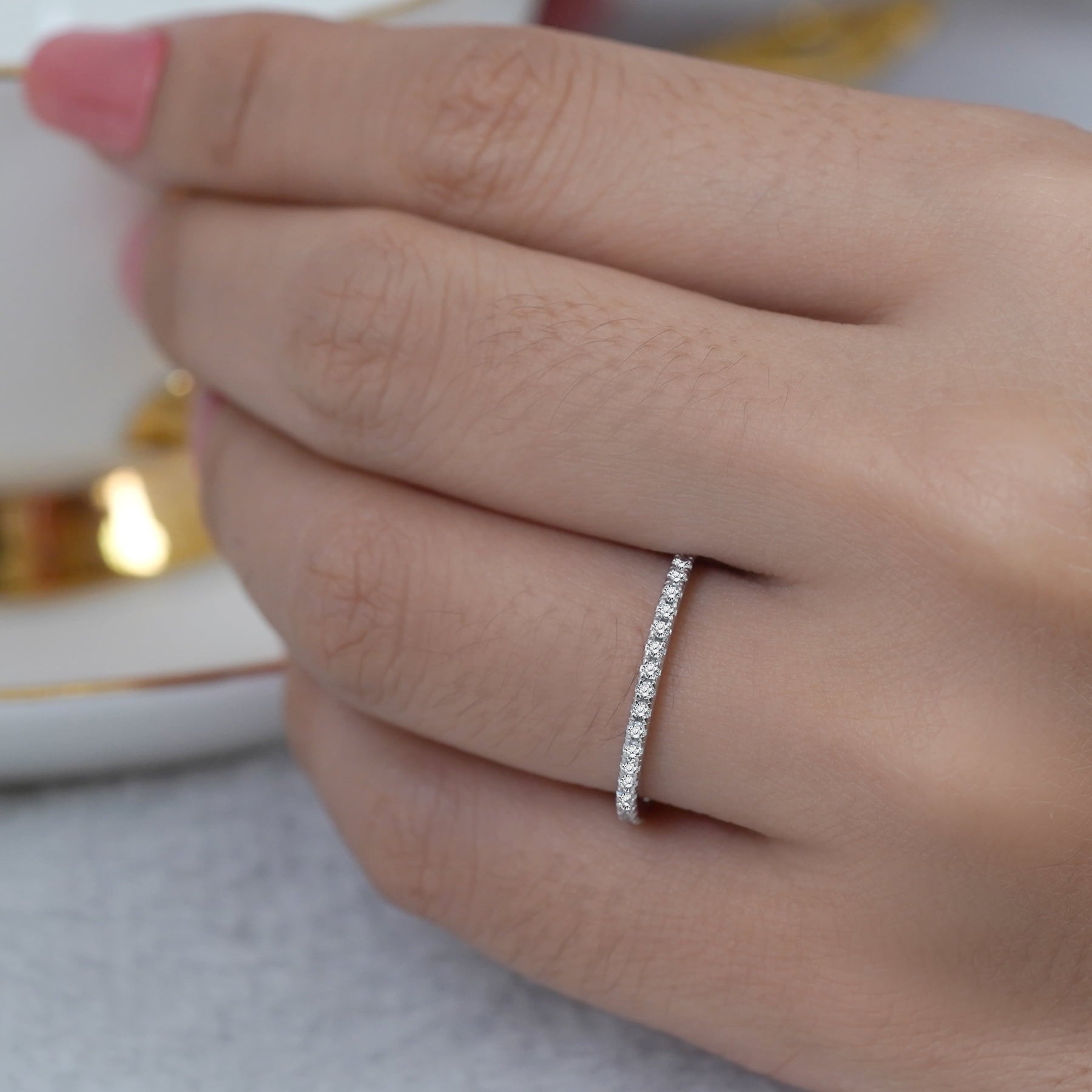 JeenMata Pave Accented - 0.25 Carat Round Cut -April Birthstone- Classic Wedding Band - 18K White Gold Plating for Women