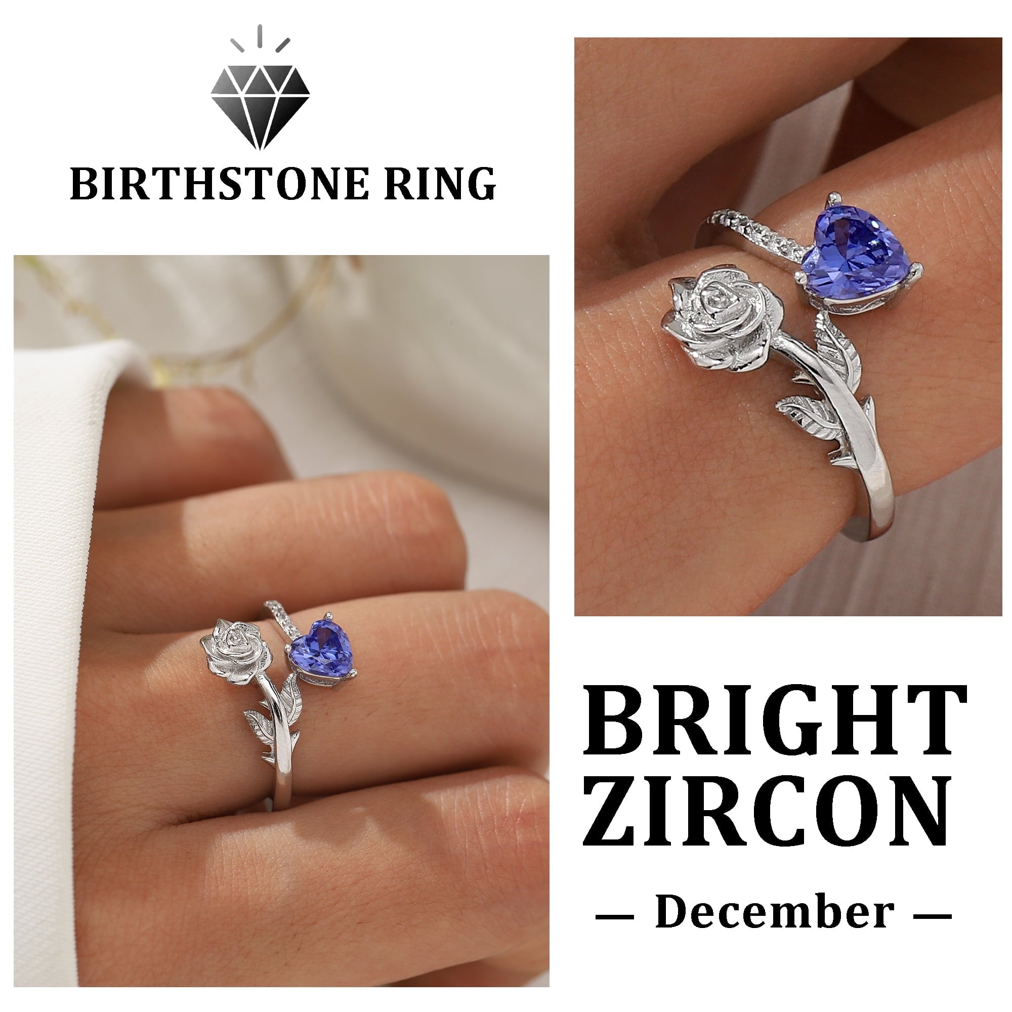 Beautlace Rose Heart Birthstone Ring,925 Sterling Silver Adjustable Open Heart Rings Jewelry Gifts for Women Mom -December