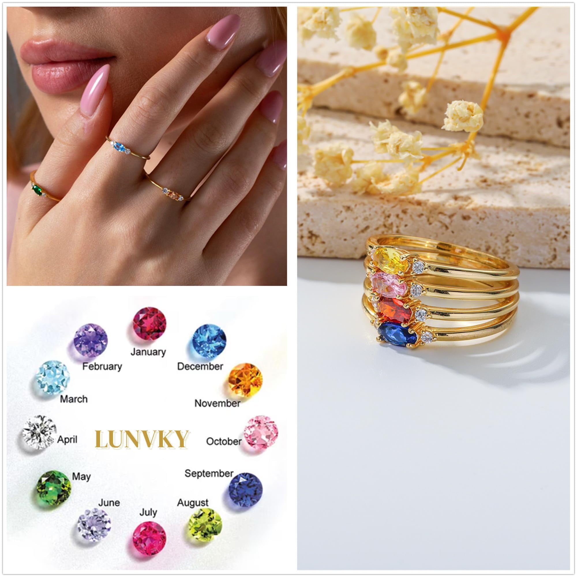 LUNVKY 18K Gold Plated Rings for Women Stackable Non Tarnish Knuckle CZ April Birthstone Ring with CZ Crystal Birthday Christmas Jewelry Gifts Teen Mom Adults Girfriend Stocking Stuffers Age Ideas