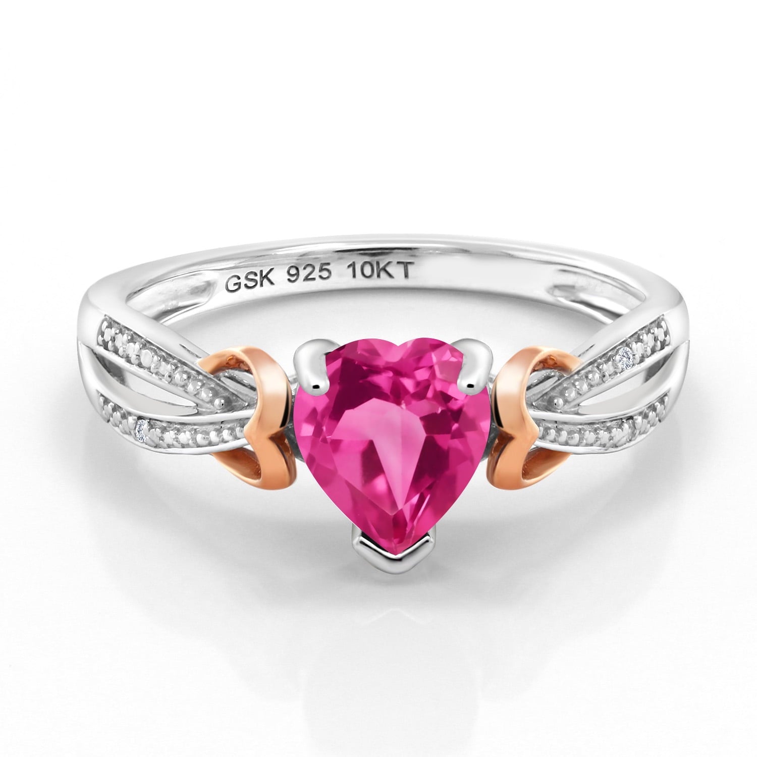 Gem Stone King 925 Sterling Silver and 10K Rose Gold Pink Created Sapphire and Diamond Ring for Women (0.81 Cttw, Heart Shape 6MM, Available in Size 5, 6, 7, 8, 9)