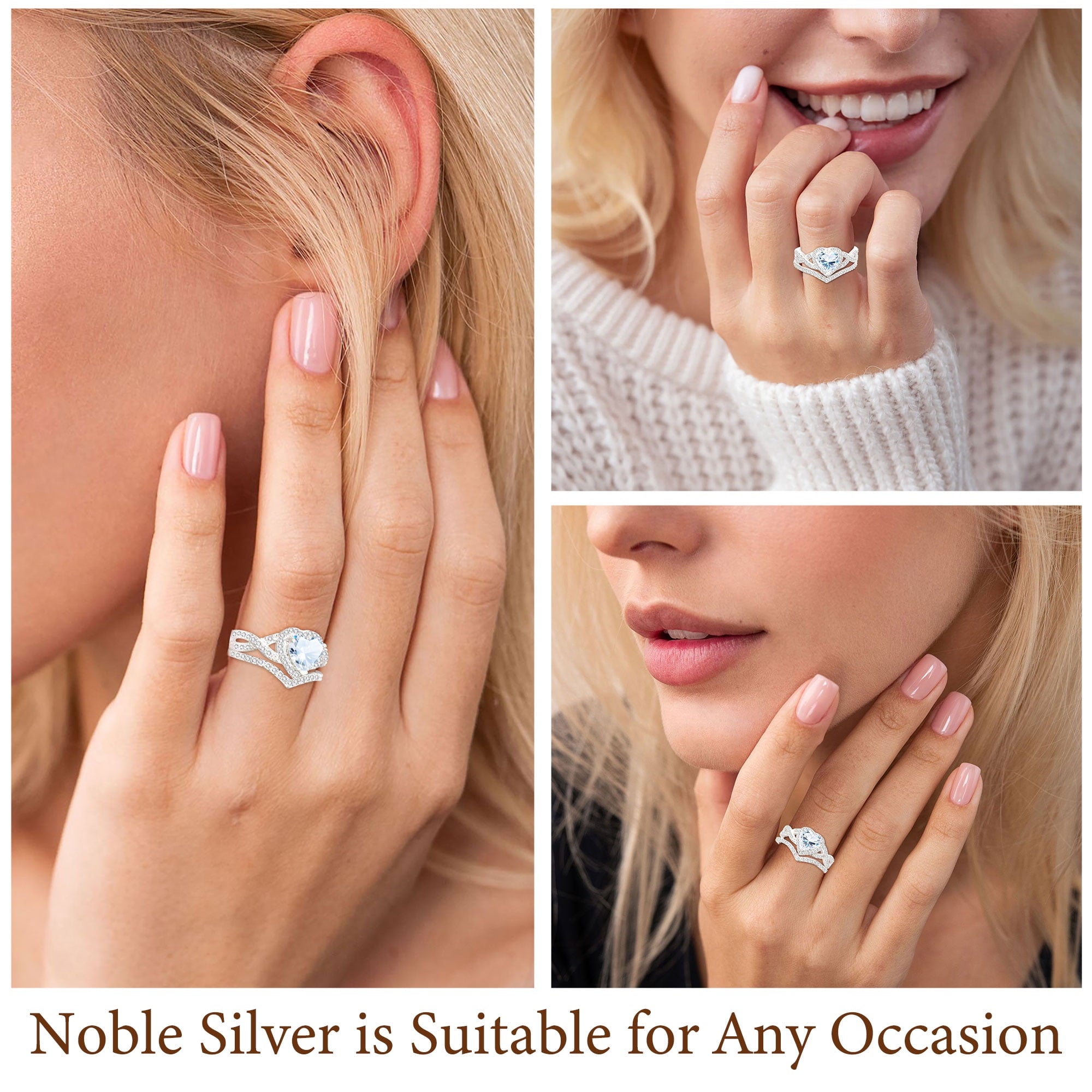 APSVO 18K White Gold Plated Love Heart Wedding Rings for Women CZ S925 Sterling Silver Eternity Promise Band Engagement Rings Set Birthday Christmas Jewelry Gifts Mom Girlfriend Stocking Stuffers