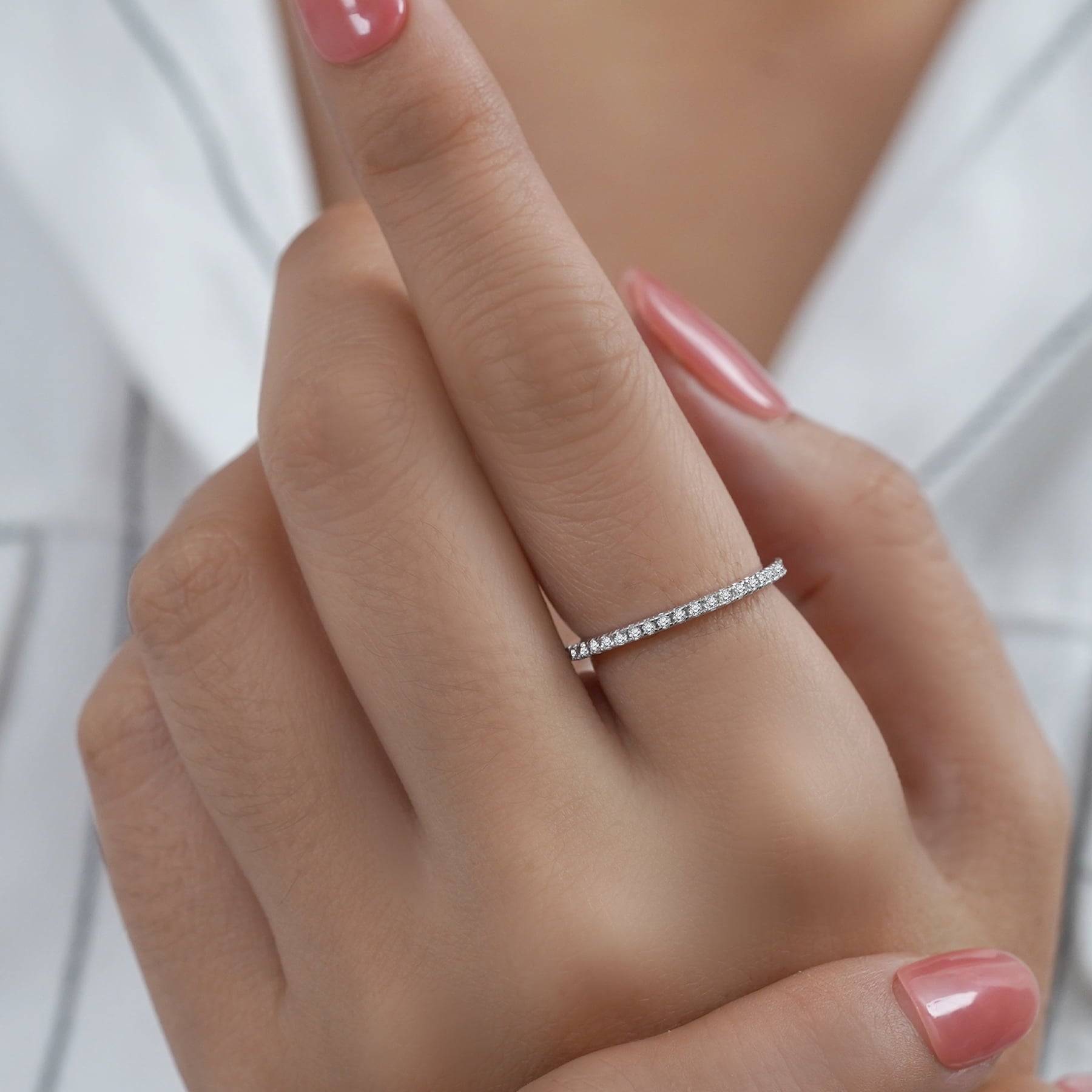 JeenMata Pave Accented - 0.25 Carat Round Cut -April Birthstone- Classic Wedding Band - 18K White Gold Plating for Women