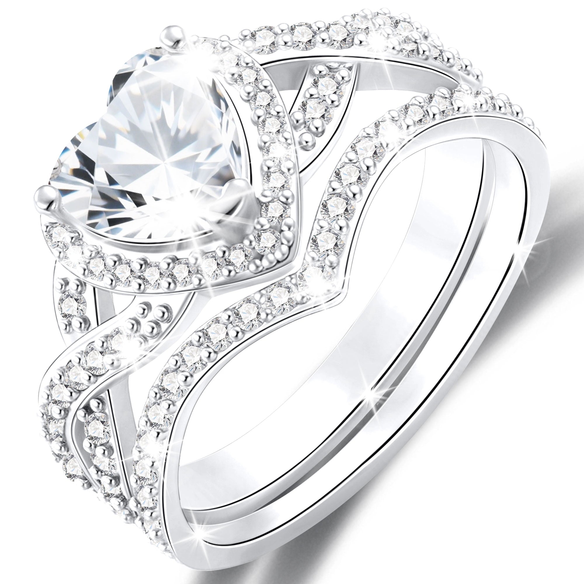 APSVO 18K White Gold Plated Love Heart Wedding Rings for Women CZ S925 Sterling Silver Eternity Promise Band Engagement Rings Set Birthday Christmas Jewelry Gifts Mom Girlfriend Stocking Stuffers