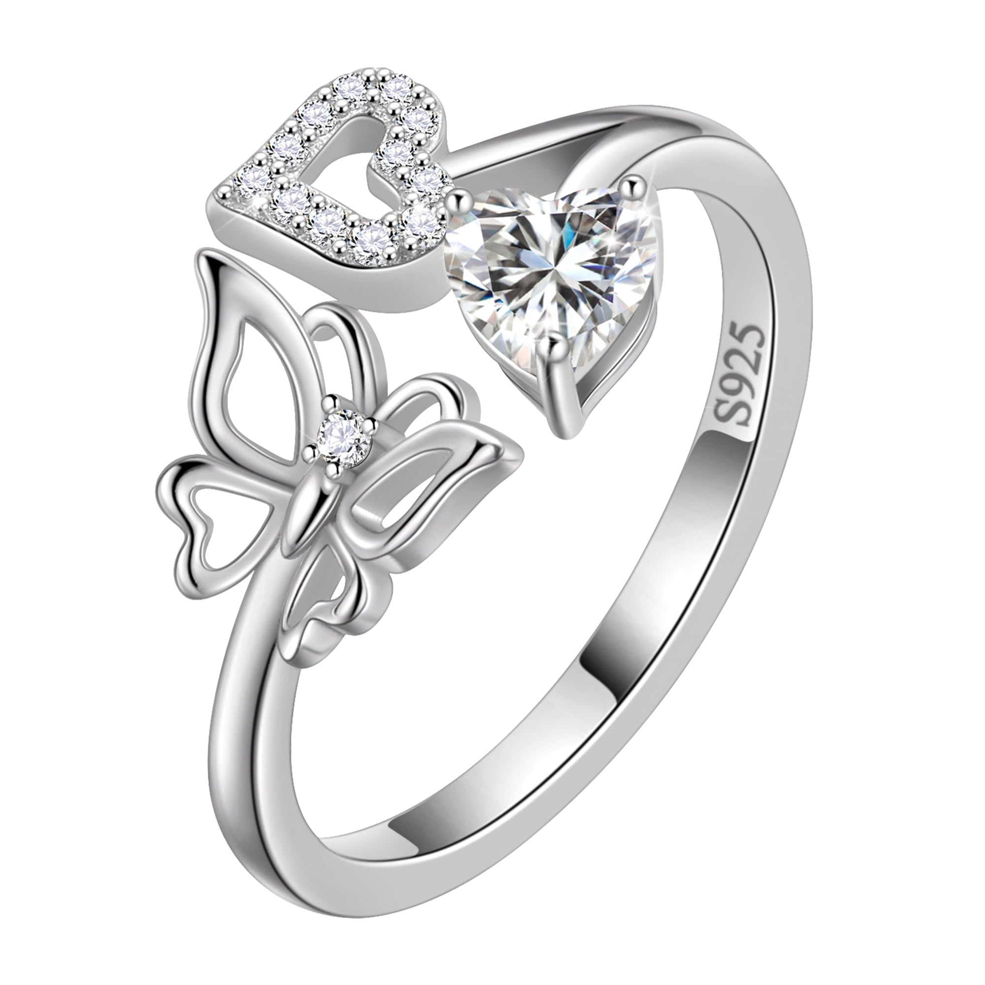 Beautlace Rose Heart Birthstone Ring,925 Sterling Silver Adjustable Open Heart Rings Jewelry Gifts for Women Mom -December