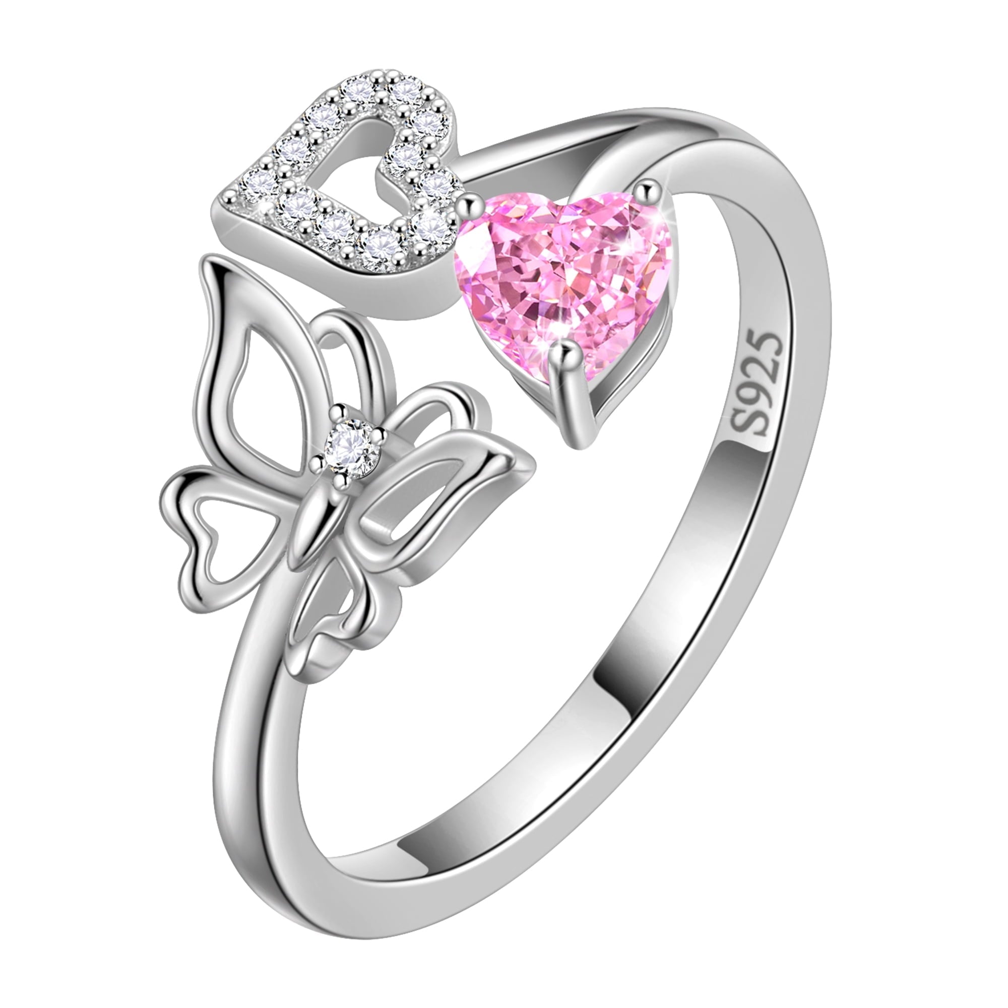 Beautlace Rose Heart Birthstone Ring,925 Sterling Silver Adjustable Open Heart Rings Jewelry Gifts for Women Mom -December