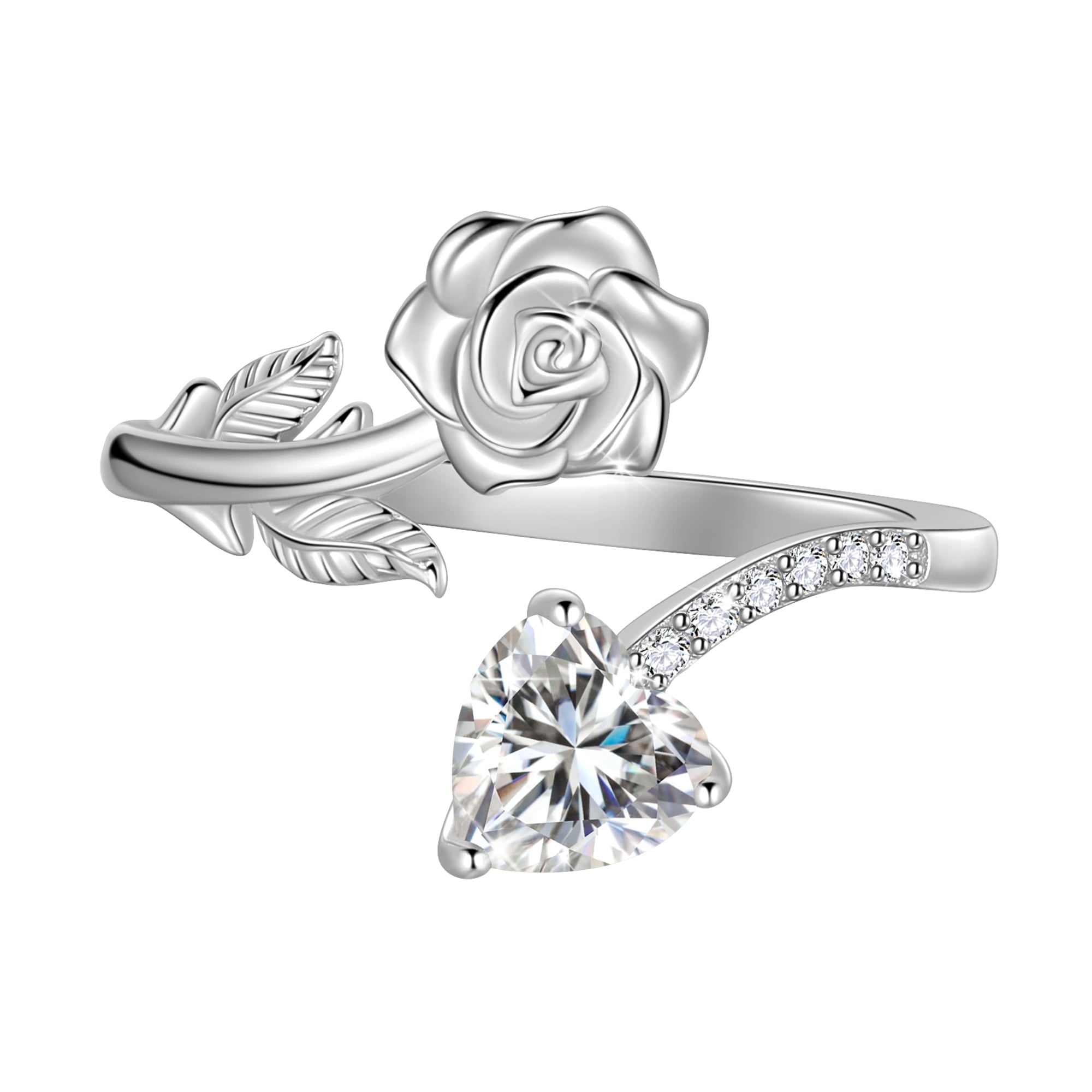 Beautlace Rose Heart Birthstone Ring,925 Sterling Silver Adjustable Open Heart Rings Jewelry Gifts for Women Mom -December
