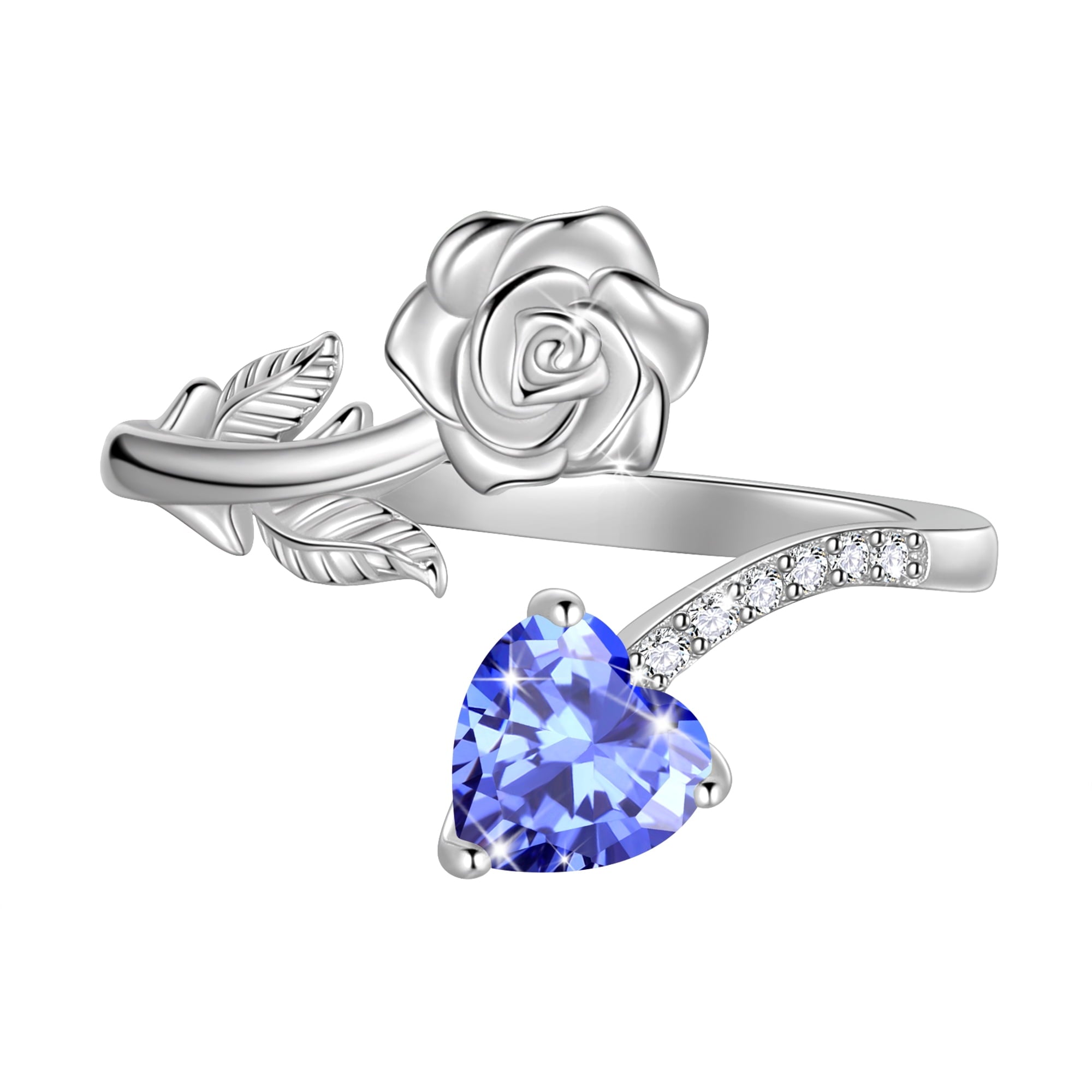 Beautlace Rose Heart Birthstone Ring,925 Sterling Silver Adjustable Open Heart Rings Jewelry Gifts for Women Mom -December