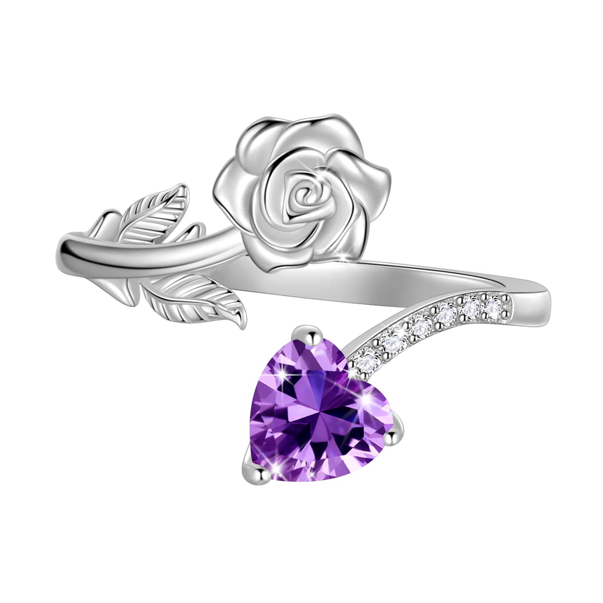 Beautlace Rose Heart Birthstone Ring,925 Sterling Silver Adjustable Open Heart Rings Jewelry Gifts for Women Mom -December