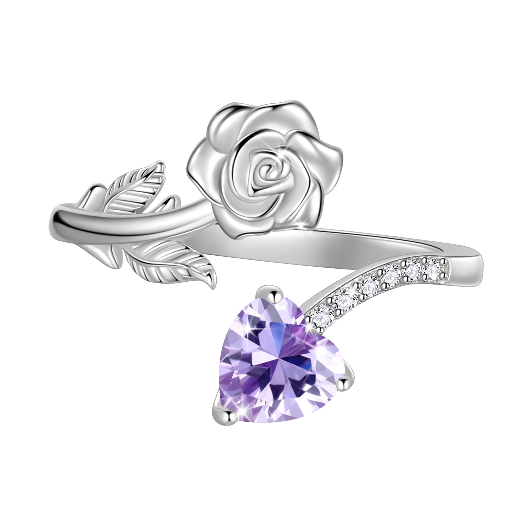 Beautlace Rose Heart Birthstone Ring,925 Sterling Silver Adjustable Open Heart Rings Jewelry Gifts for Women Mom -December