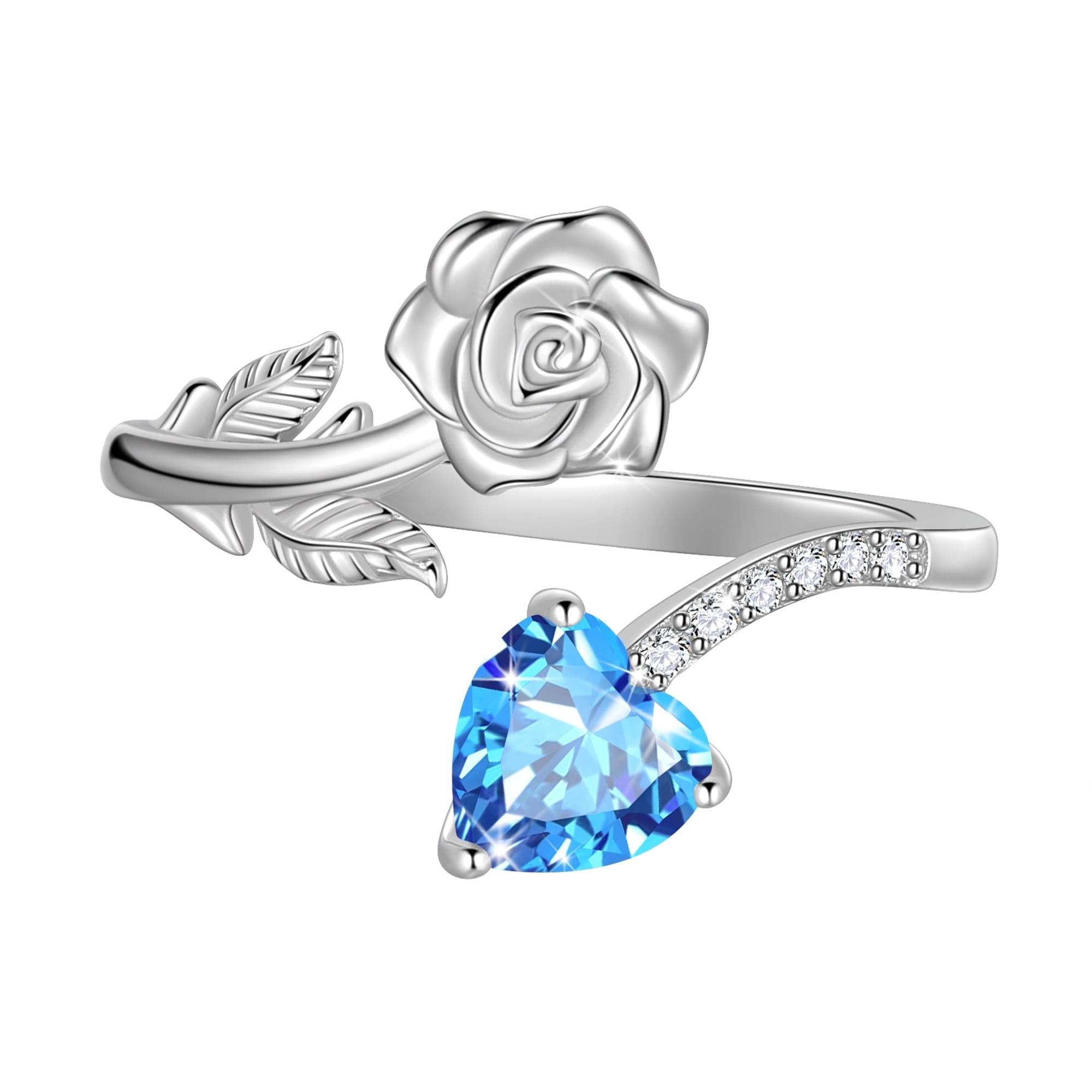 Beautlace Rose Heart Birthstone Ring,925 Sterling Silver Adjustable Open Heart Rings Jewelry Gifts for Women Mom -December