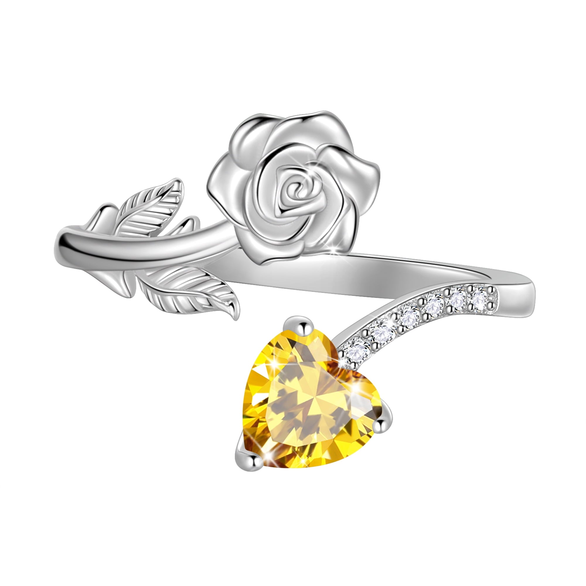 Beautlace Rose Heart Birthstone Ring,925 Sterling Silver Adjustable Open Heart Rings Jewelry Gifts for Women Mom -December