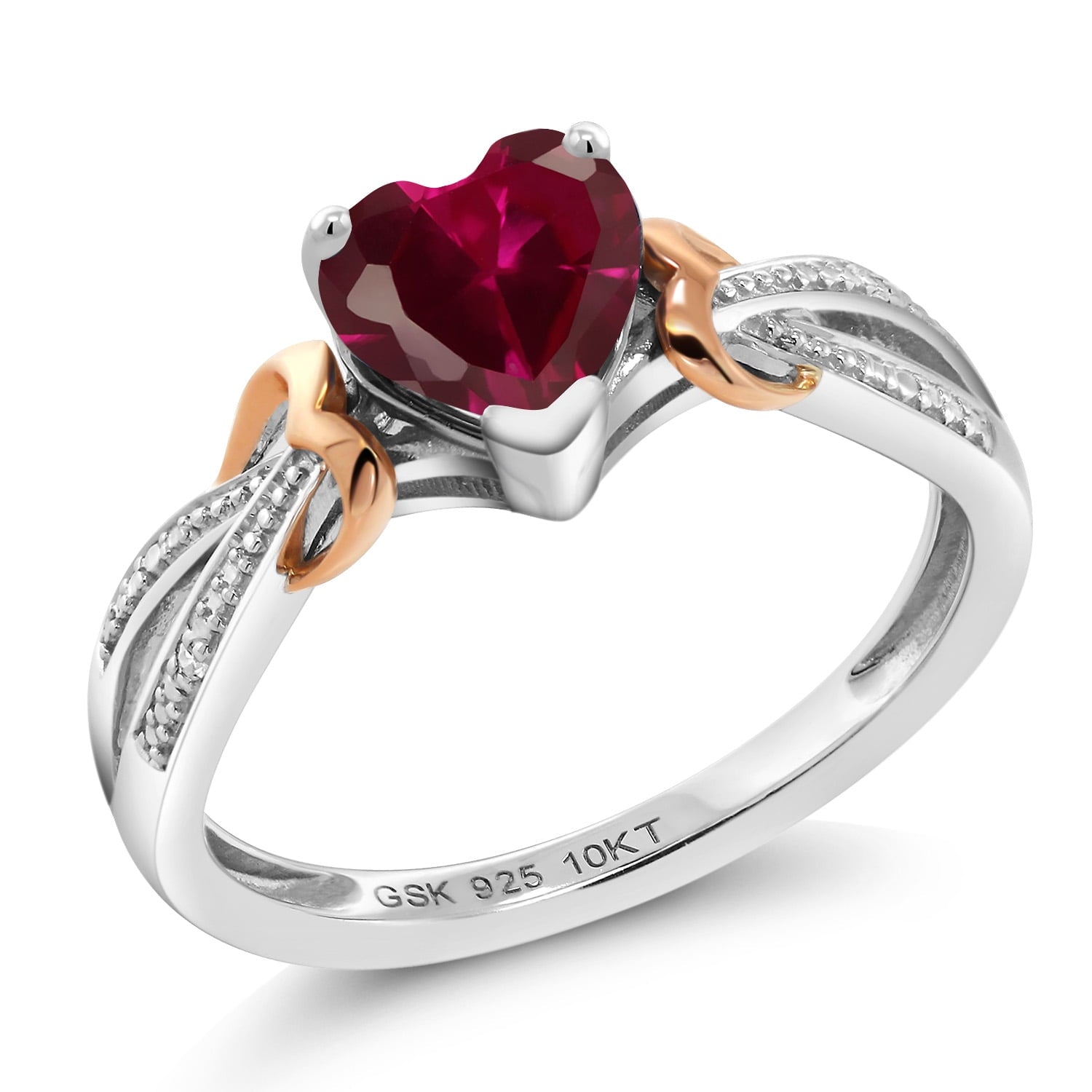 Gem Stone King 925 Sterling Silver and 10K Rose Gold Pink Created Sapphire and Diamond Ring for Women (0.81 Cttw, Heart Shape 6MM, Available in Size 5, 6, 7, 8, 9)