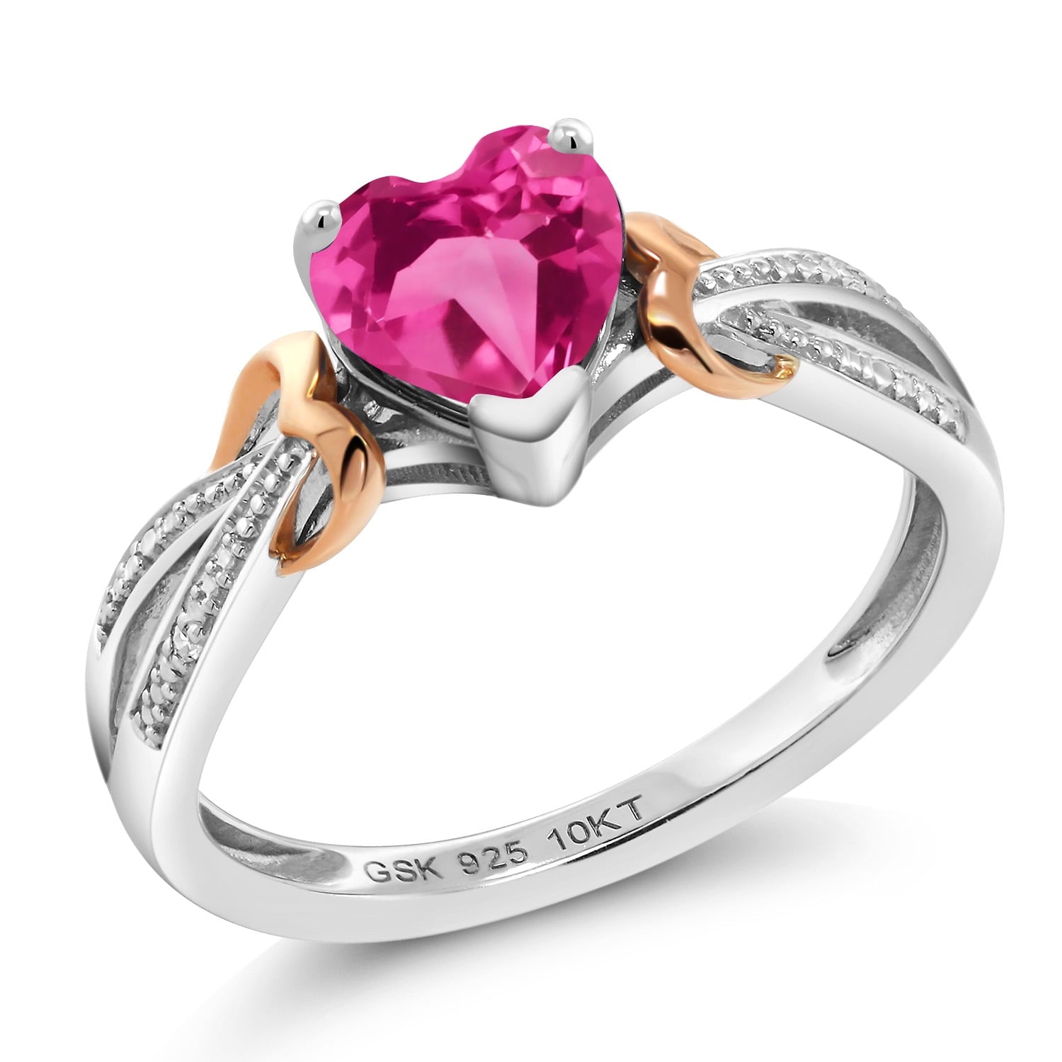 Gem Stone King 925 Sterling Silver and 10K Rose Gold Pink Created Sapphire and Diamond Ring for Women (0.81 Cttw, Heart Shape 6MM, Available in Size 5, 6, 7, 8, 9)