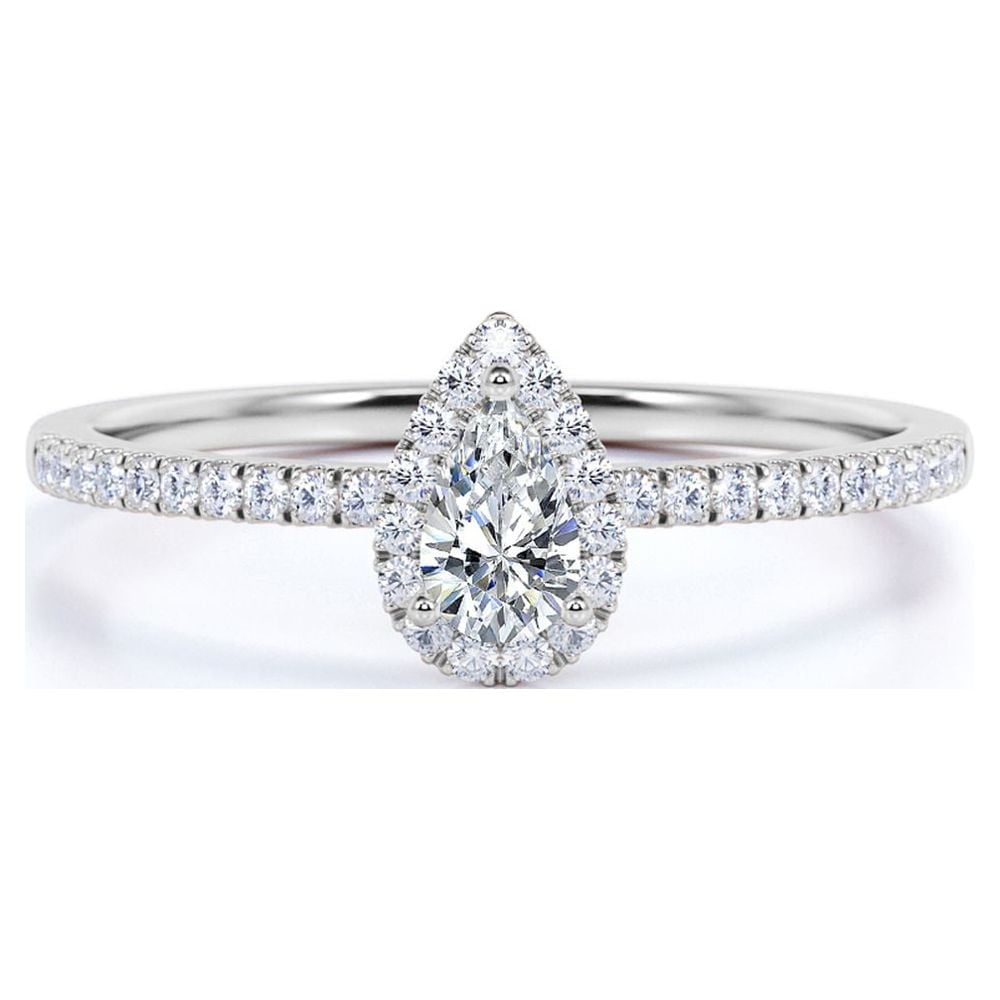 JeenMata Half Carat Pear Cut Real Diamond Halo Engagement Ring in 10k White Gold