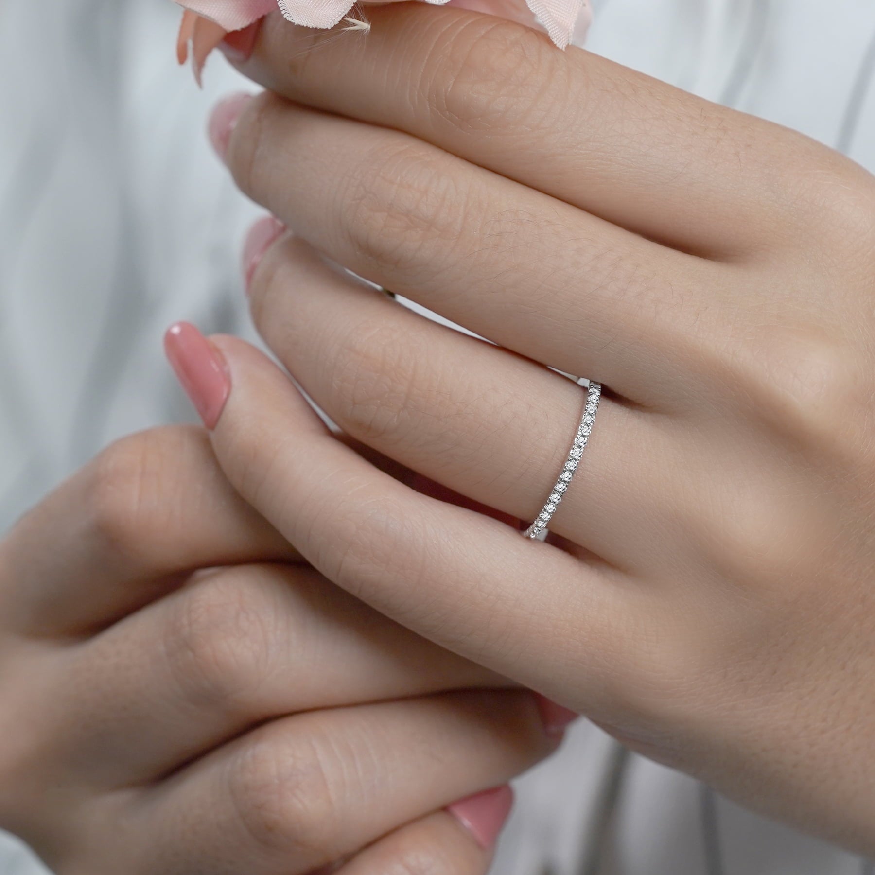 JeenMata Pave Accented - 0.25 Carat Round Cut -April Birthstone- Classic Wedding Band - 18K White Gold Plating for Women