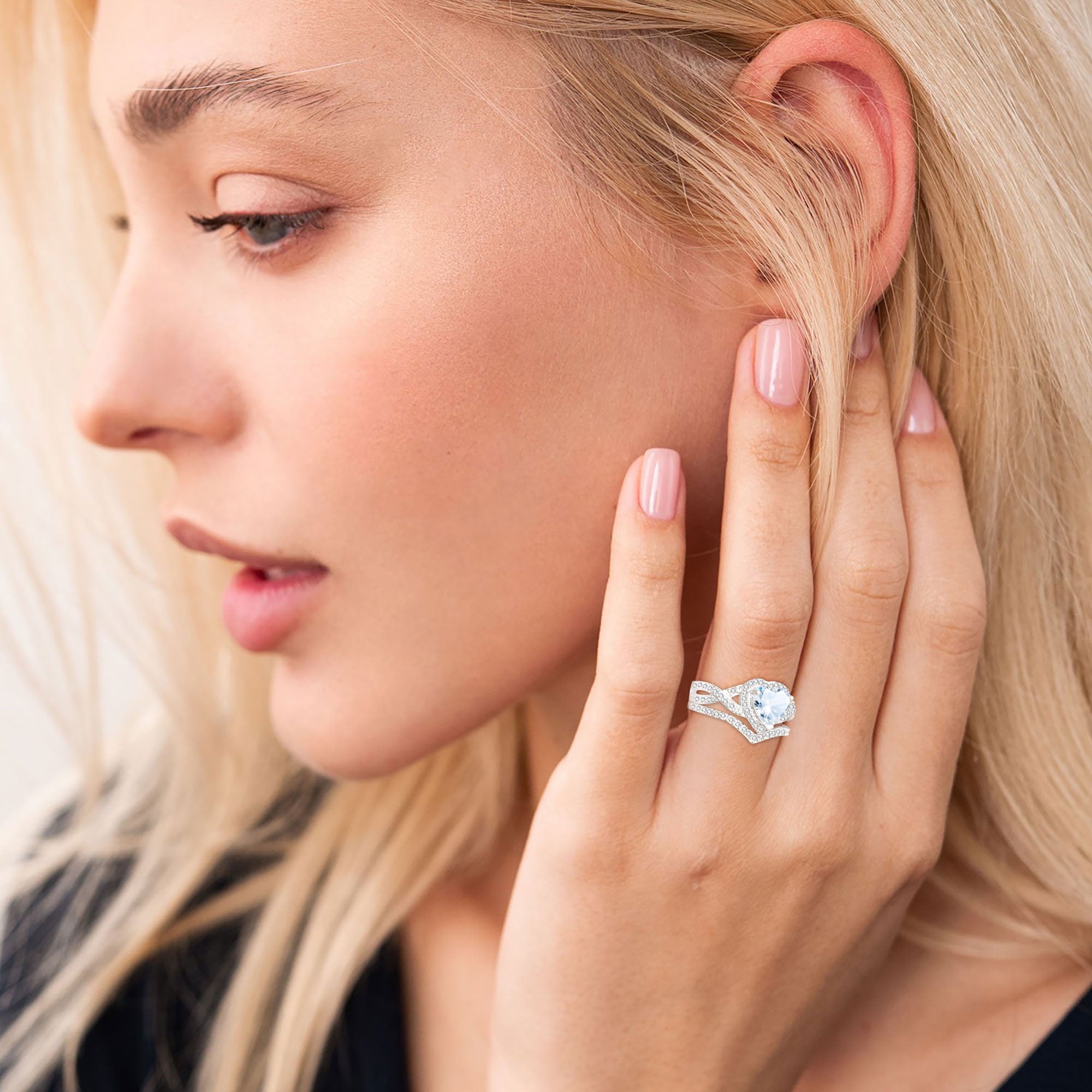 APSVO 18K White Gold Plated Love Heart Wedding Rings for Women CZ S925 Sterling Silver Eternity Promise Band Engagement Rings Set Birthday Christmas Jewelry Gifts Mom Girlfriend Stocking Stuffers