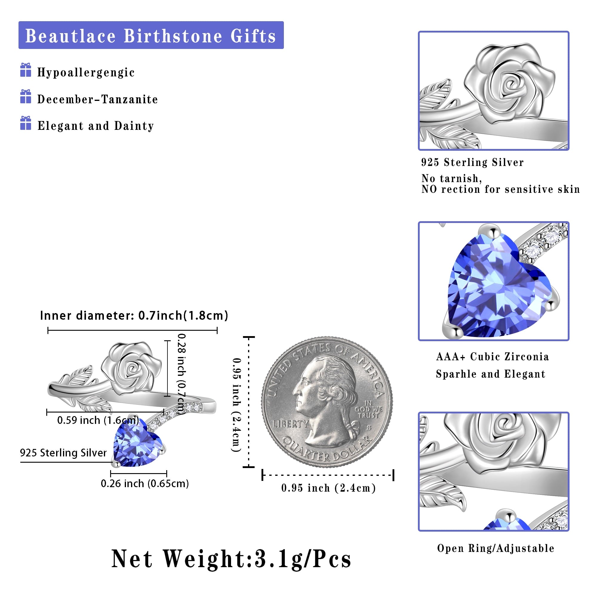 Beautlace Rose Heart Birthstone Ring,925 Sterling Silver Adjustable Open Heart Rings Jewelry Gifts for Women Mom -December