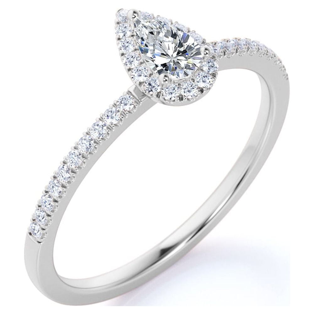 JeenMata Half Carat Pear Cut Real Diamond Halo Engagement Ring in 10k White Gold